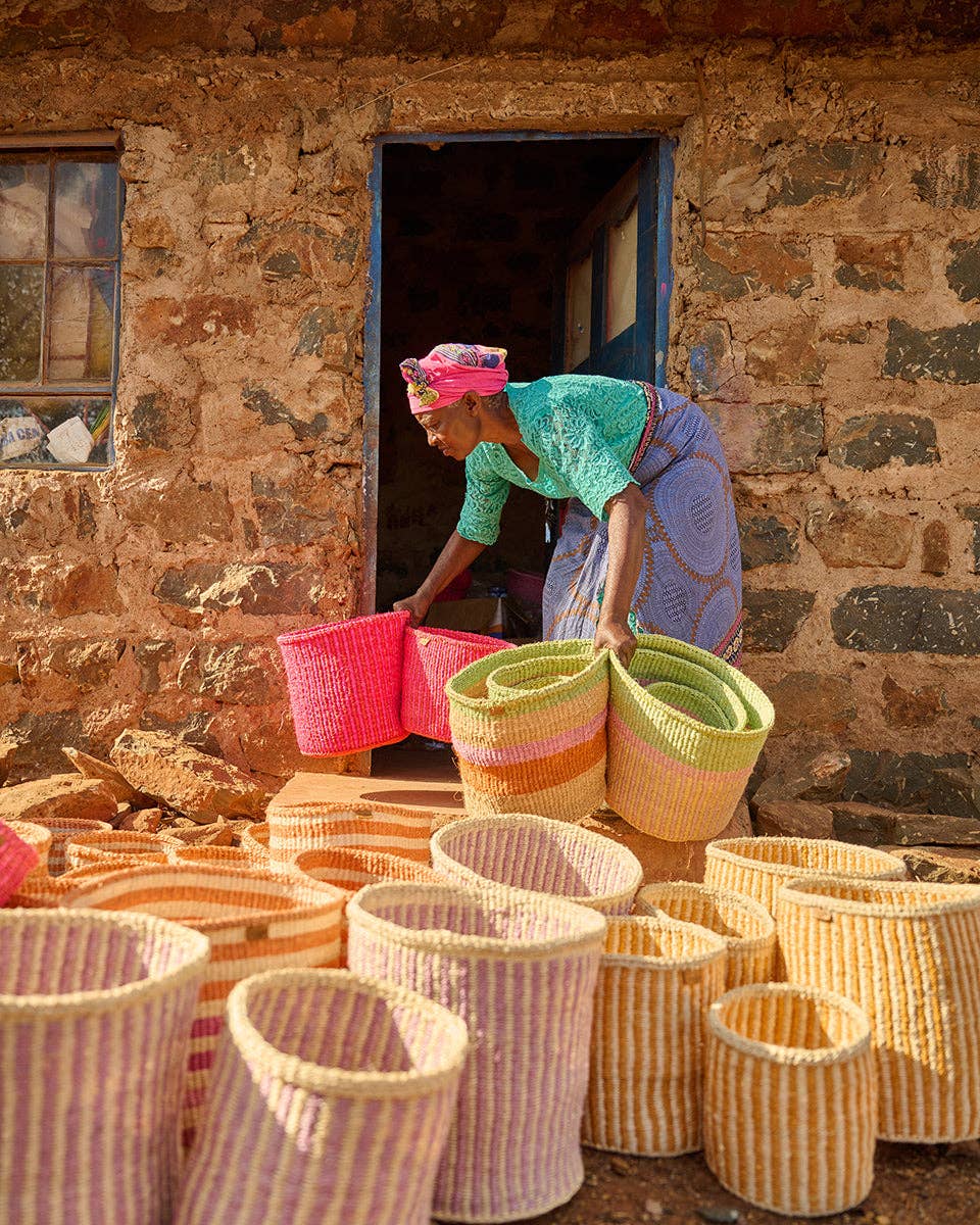 KANZU: White Stripe Woven Stoage Basket