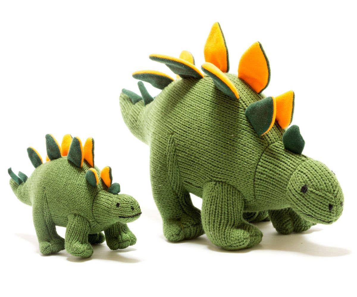 Knitted Stegosaurus Dinosaur Baby Rattle Green / Orange