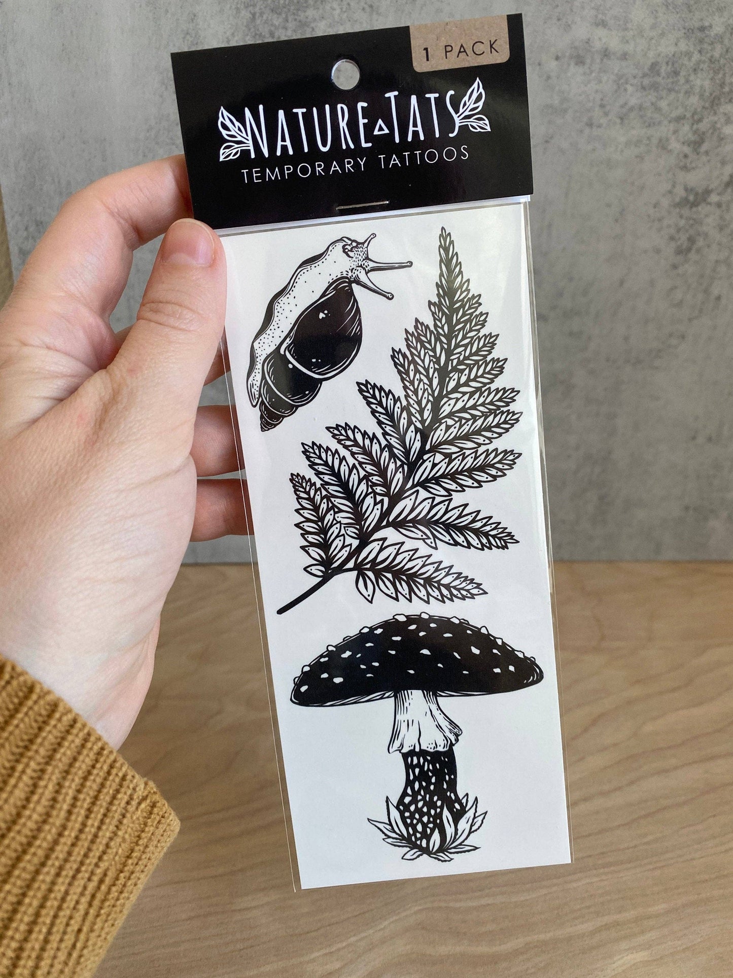 Amanita Mushroom, Fern, Snail Temporary Tattoo