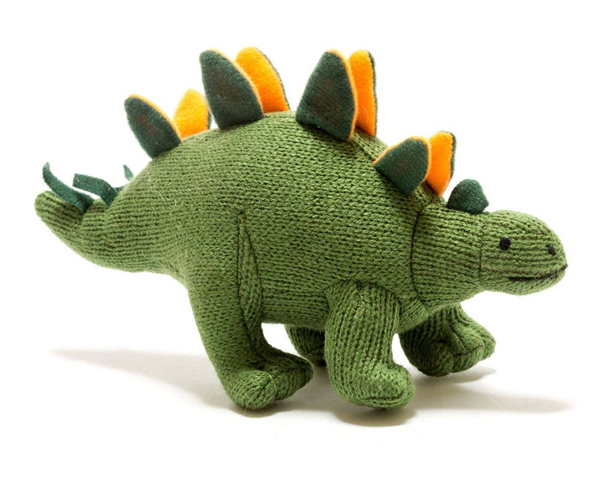 Knitted Stegosaurus Dinosaur Baby Rattle Green / Orange