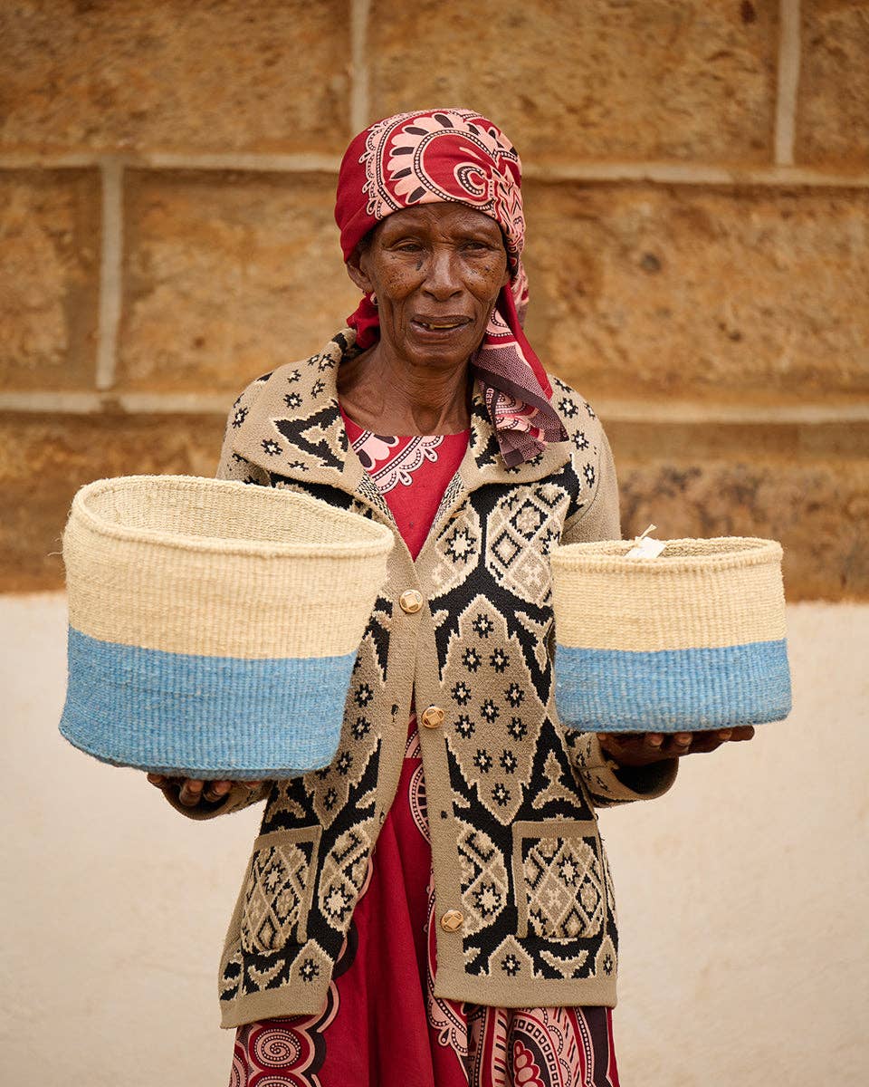 ZURI: Powder Blue Colour Block Woven Basket