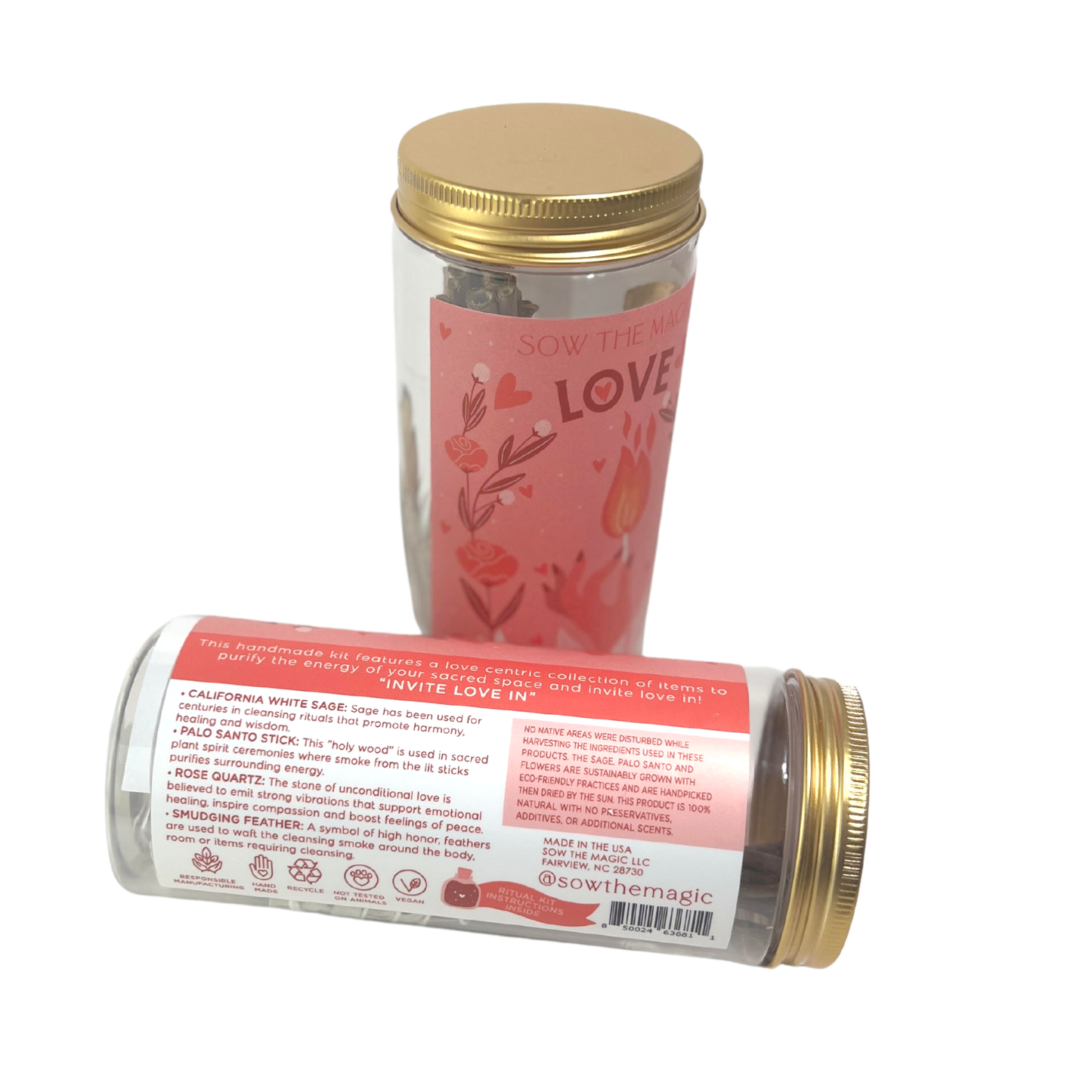 Love Ritual Kit Jar with Rose Quartz, Palo Santo + Sage